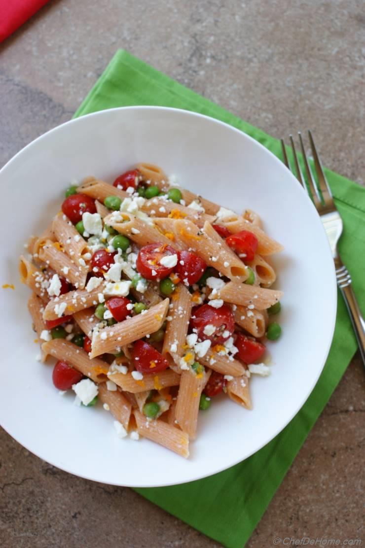 Summer Pasta Salad with Tomato, Feta and Orange Dressing