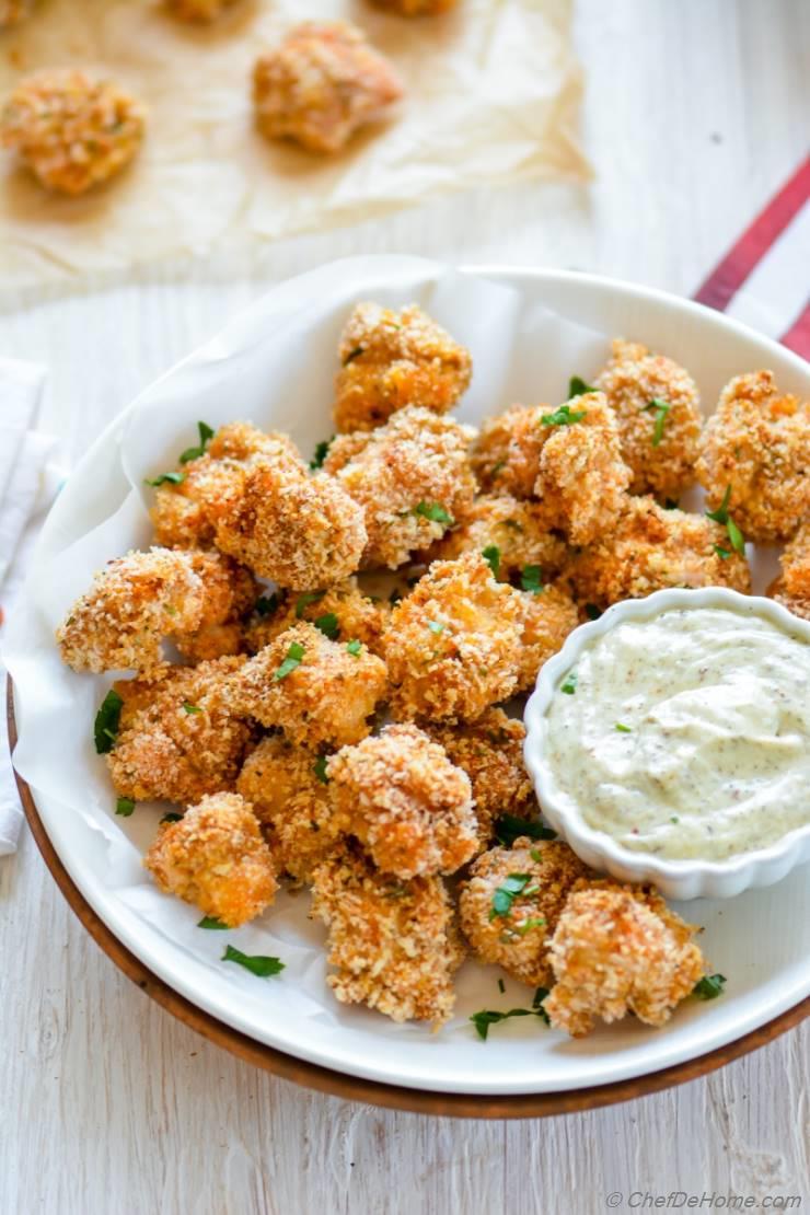 Baked Popcorn Chicken with Creamy Garlic Parmesan Dip