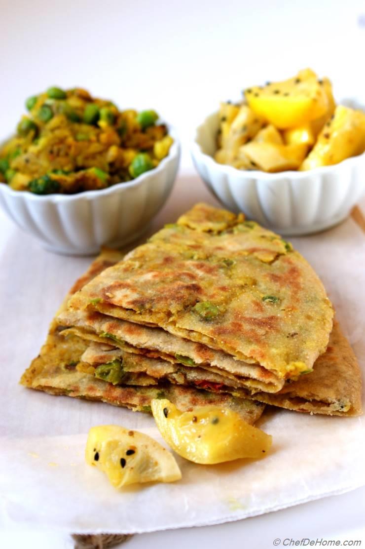 Spiced Potatoes and Peas Stuffed Flat Bread with Preserved Lemons