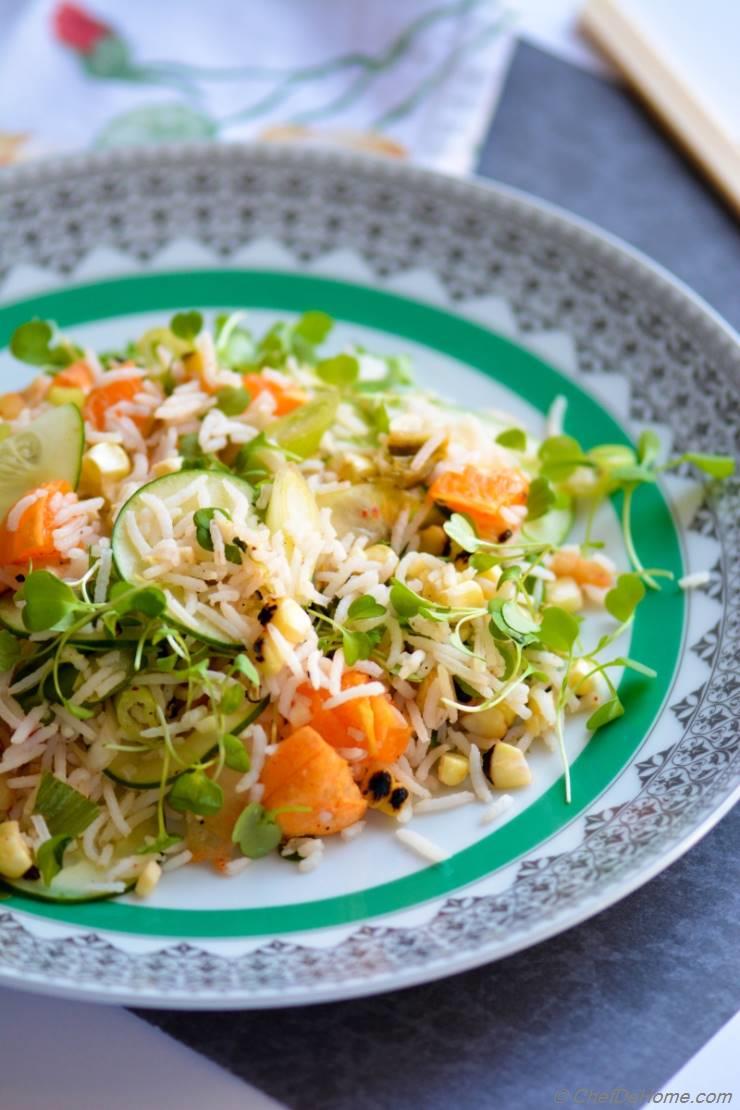 Roasted Corn and Kale Sprouts Rice Salad with Kimchi Dressing