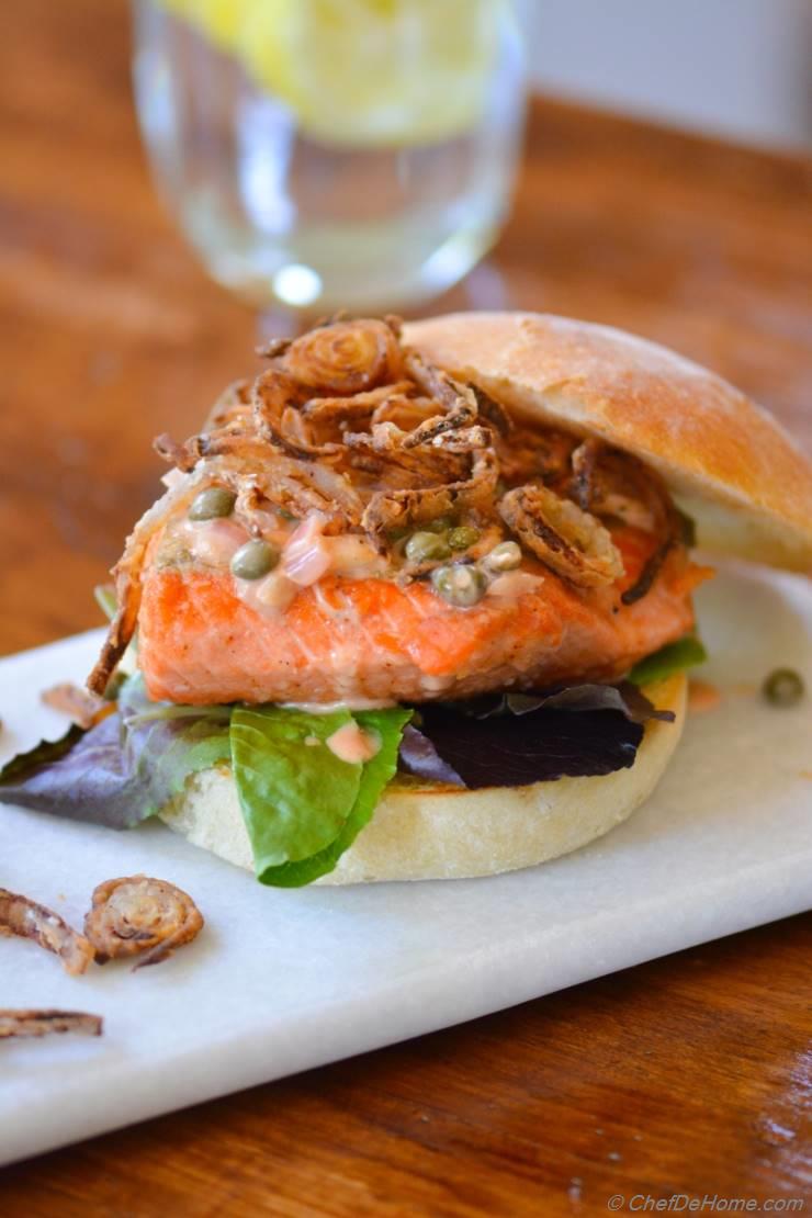 Salmon Burgers with Lemon-Caper Wine Sauce