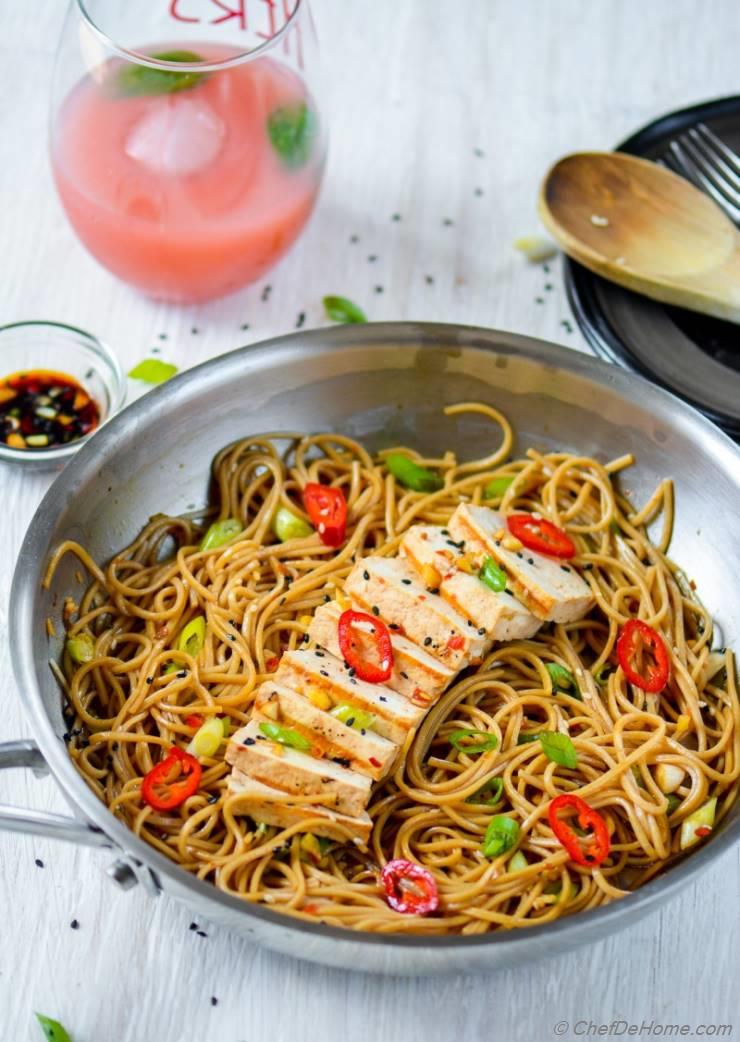 Sesame Chili Garlic Noodles with Grilled Tofu