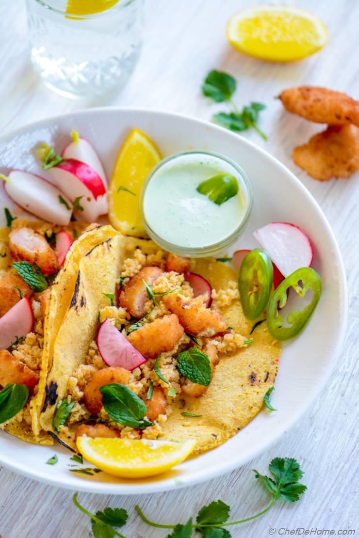 Cauliflower Rice Shrimp Tacos with Jalapeno Cream Sauce