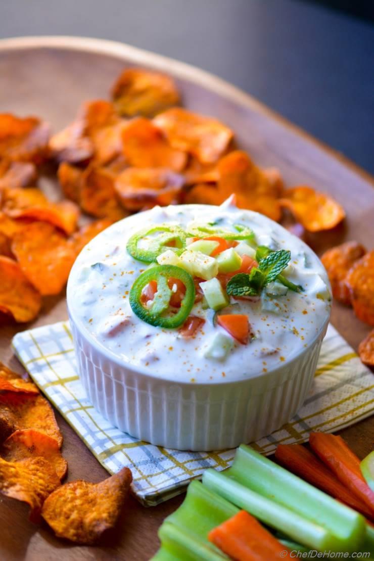 Loaded Raita Dip with Curry Dusted Sweet Potato Chips
