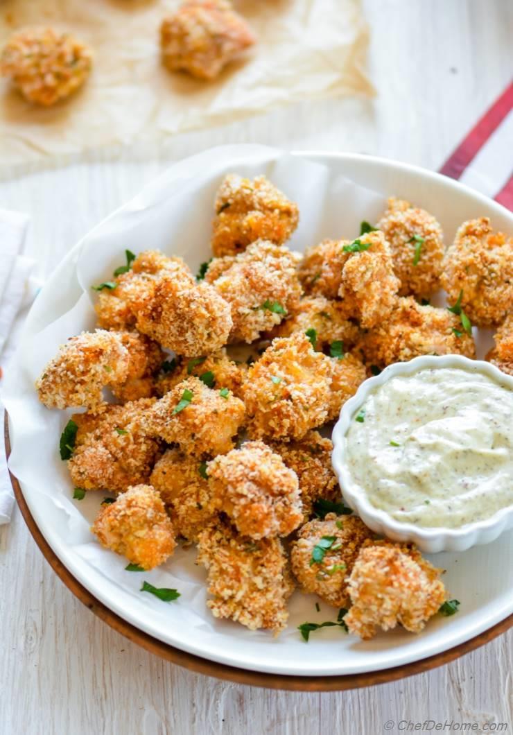 Baked Popcorn Chicken With Creamy Garlic Parmesan Dip Recipe Chefdehome Com