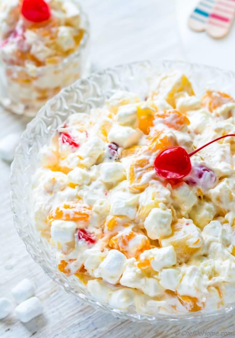 Creamy Ambrosia Fruit Salad served in a bowl | chefdehome.com