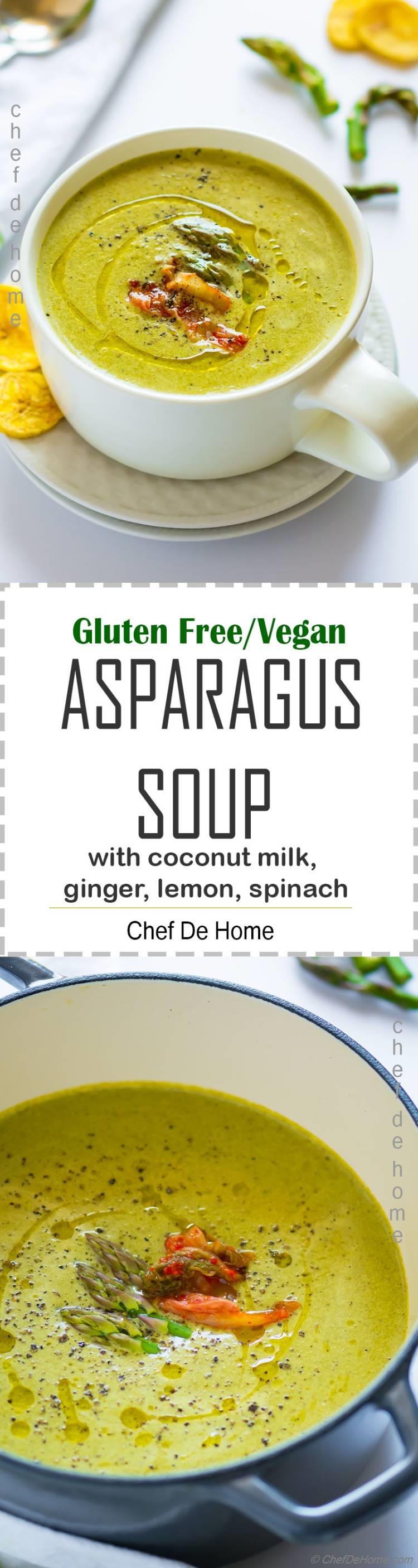 Healthy vegan gluten free asparagus and spinach soup with lemon and ginger