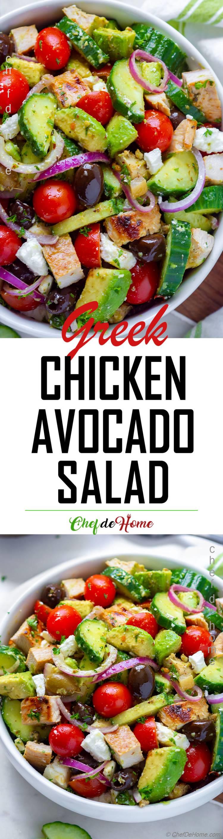 Grilled Greek Chicken avocado and cucumber salad with delicious greek dressing