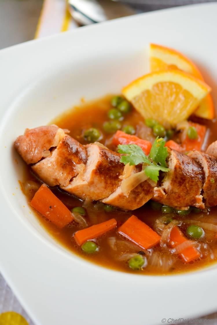 Cooking with favorite Bear - Beer Braised Chicken with Carrots and Peas