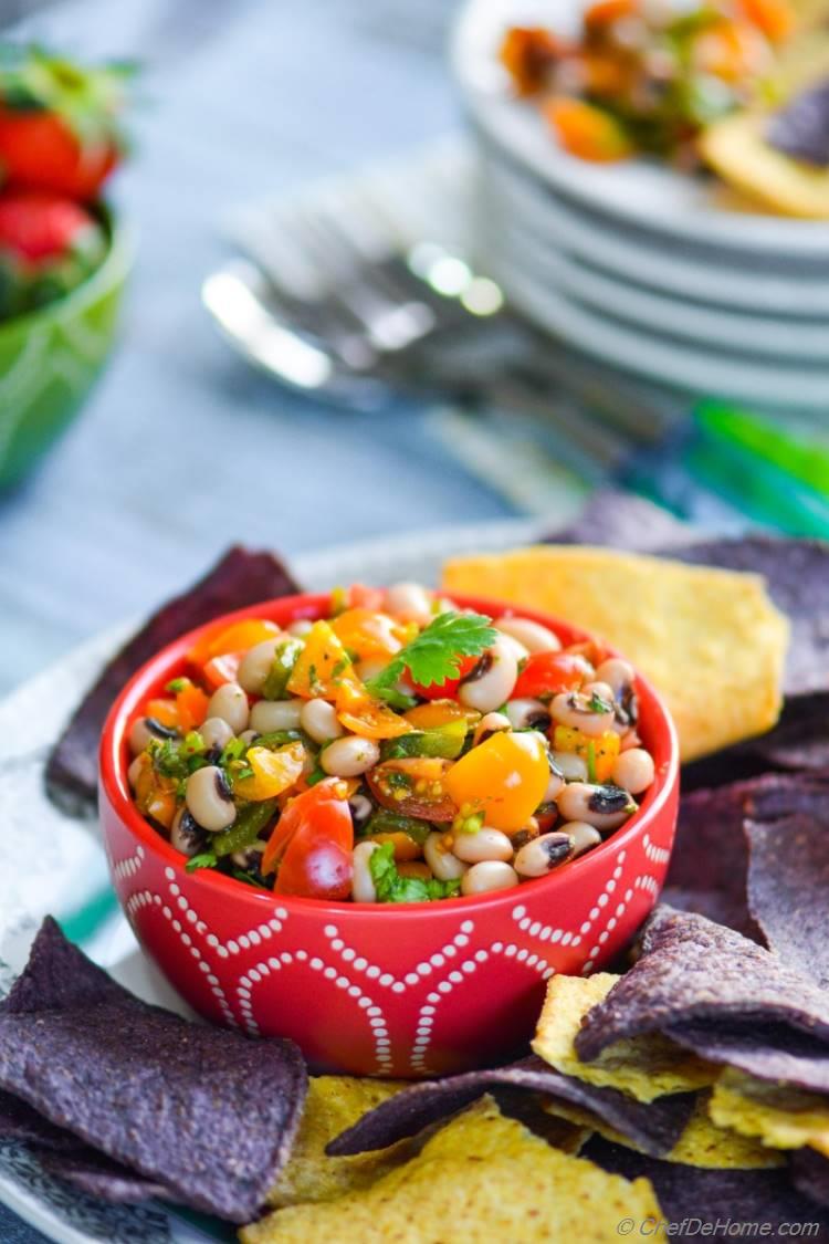 Game Day Favorite Mexican Salsa with Roasted Poblanos and Black eyed Peas