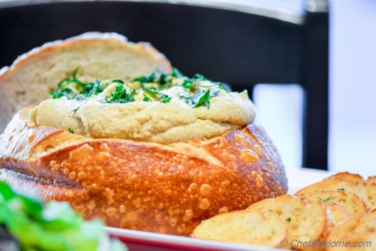 Garlicky Hummus in Bread Bowl at Boudin | chefdehome.com