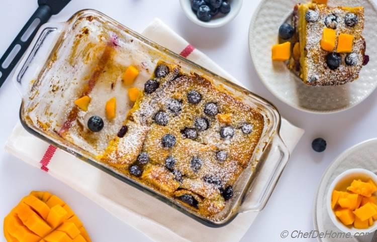 Easy Blueberry Pudding Recipe with fresh mango blueberry and cream