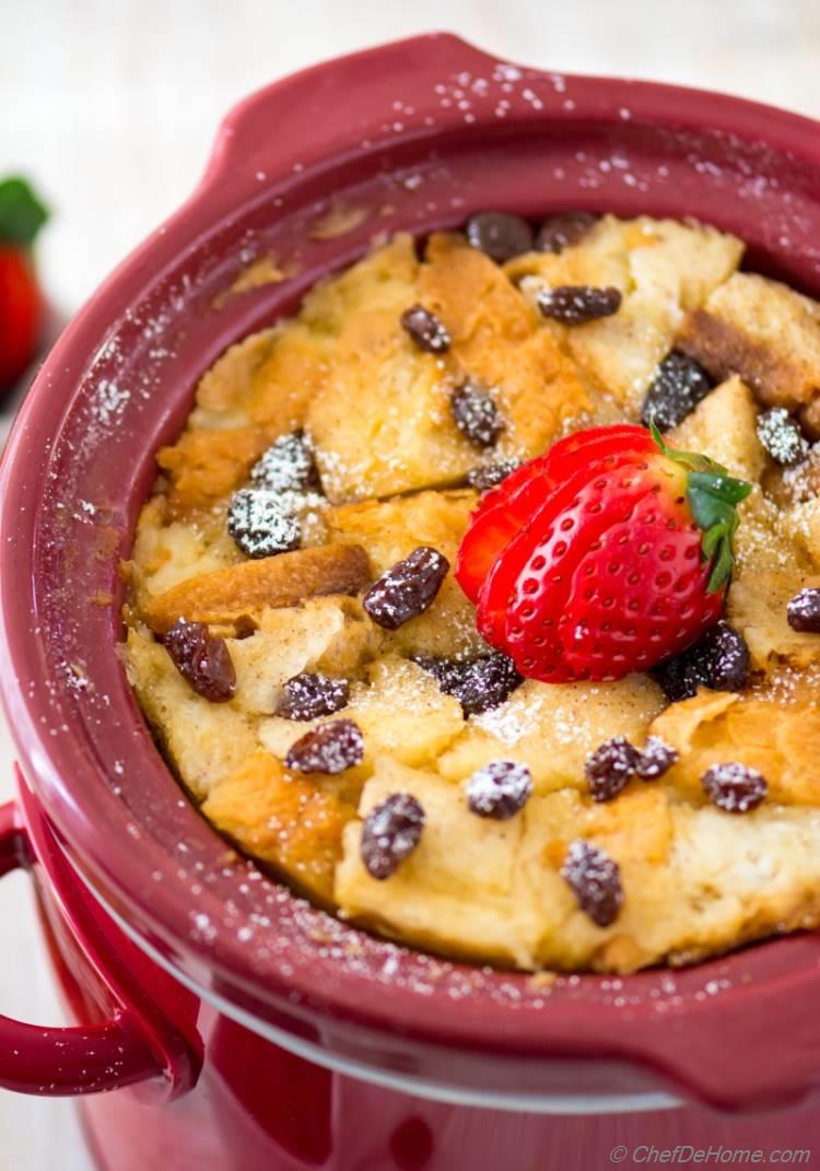 Traditional Bread Pudding prepared in slow cooker for breakfast