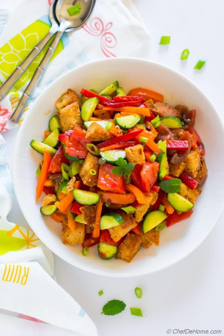 Panzanella Bread Salad with tomato oregano bell peppers and red wine vinegar