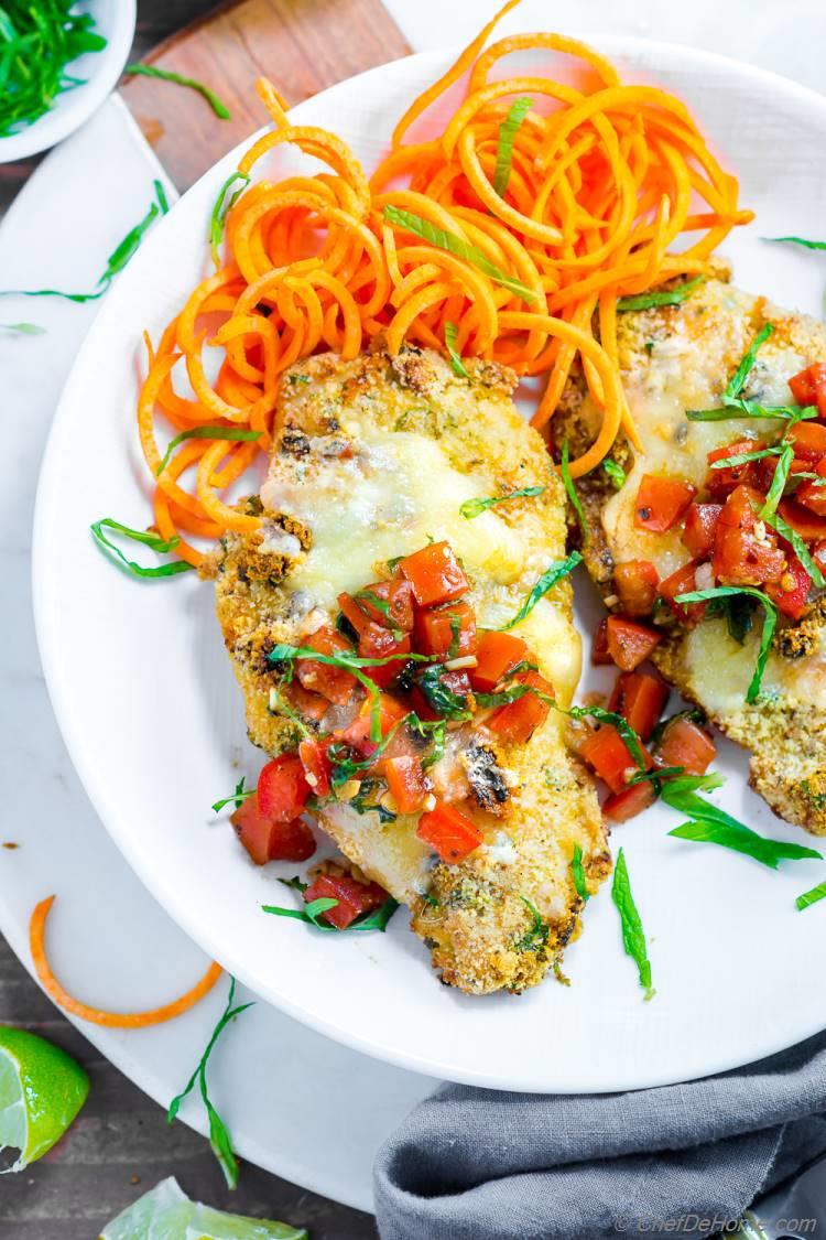 Healthy Baked Bruschetta Chicken with Carrot Zoodles