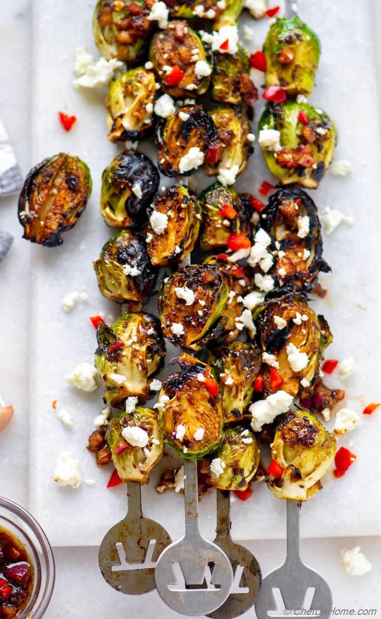 Skewers of delicious balsamic Grilled Brussel Sprouts 