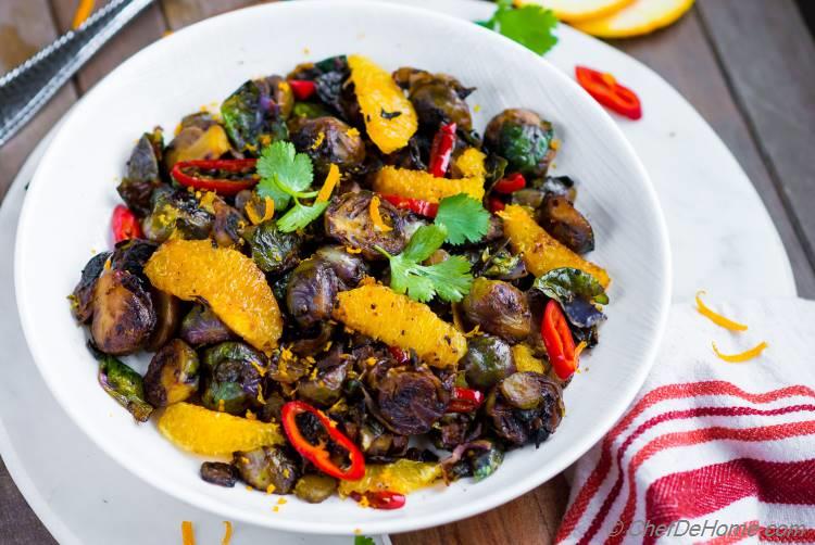 Brussel Sprouts in a Bowl with Orange Chilies