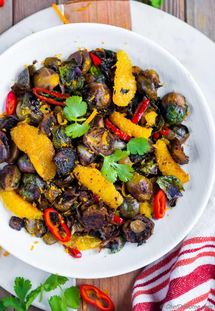 Pan or SKillet Roasted Brusset Sprouts Sweet and Sour with Orange and Soy