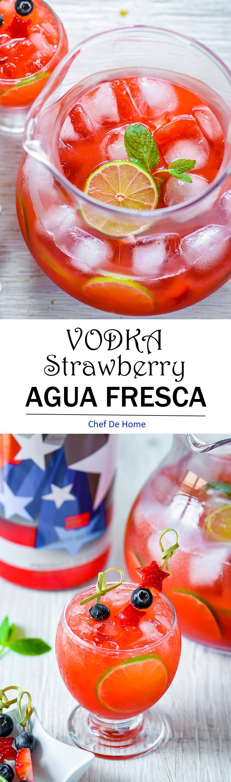 Pitcher filled of party style refreshing Strawberry Agua Fresca cocktail for 4th July Red White and Blue Theme Party Made with all natural fresh ingredients | chefdehome.com