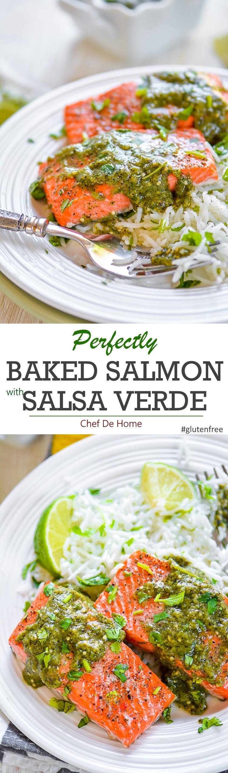 Perfectly baked salmon with roasted salsa verde and cilantro rice for dinner | chefdehome.com 