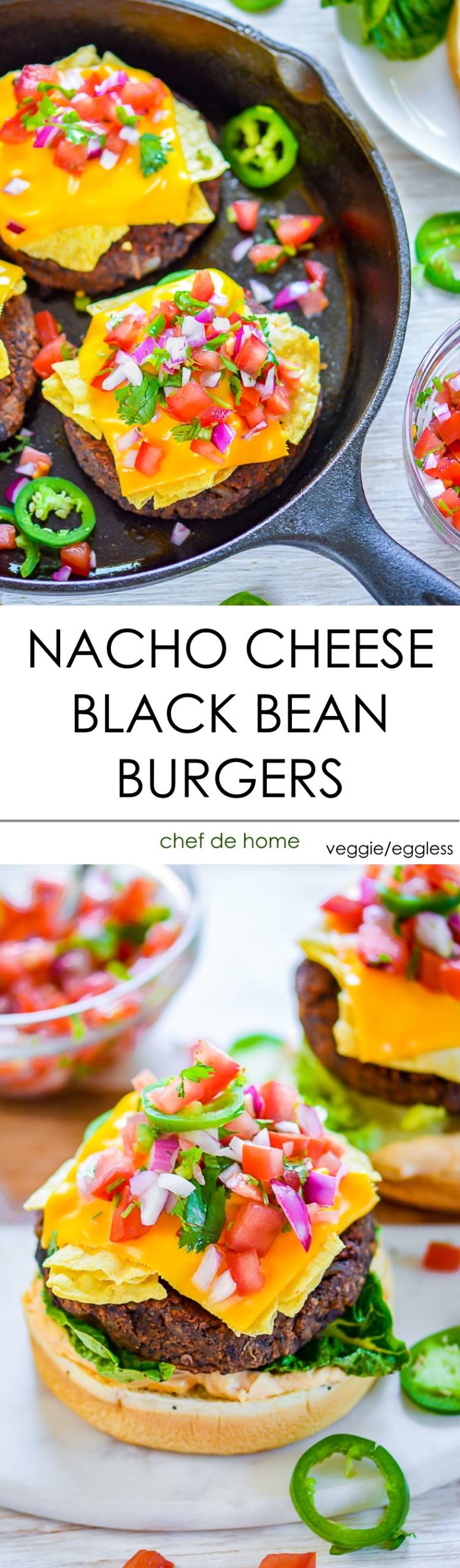 Veggie Black Bean Burger Patties topped with Mexican Nacho Cheese for a crunchy surprise | chefdehome.com