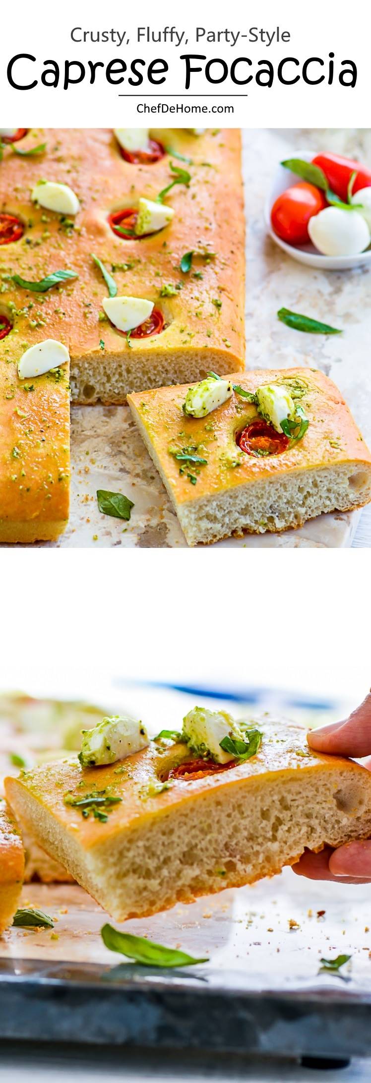 Delicious Caprese Salad topped over Fresh Baked Focaccia | chefdehome.com 