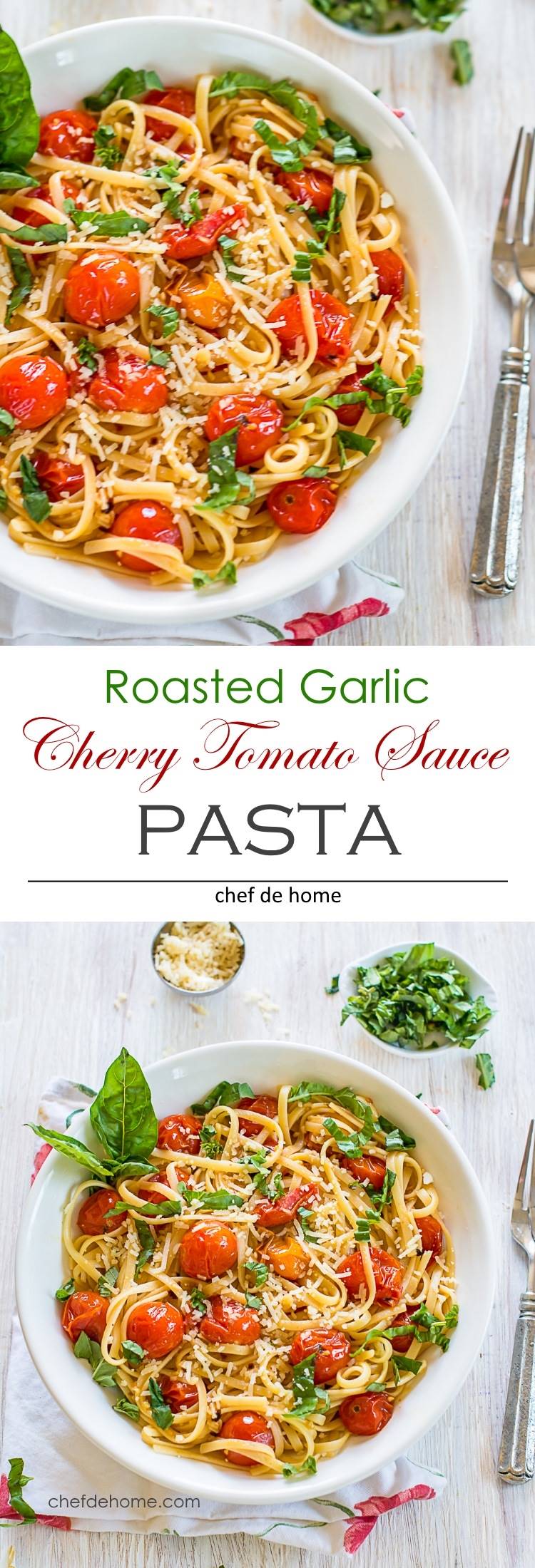 Pasta with Roasted Garlic and Burst Cherry Tomatoes Sauce for quick clean flavorful and easy weeknight pasta dinner | chefdehome.com