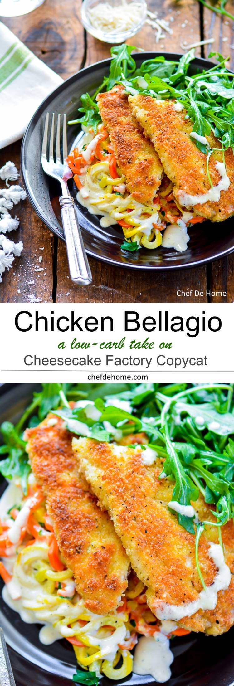 Lightened up Low Carb Cheesecake Factory Copycat Chicken Bellagio Dinner at home with creamy low carb squash pasta | chefdehome.com