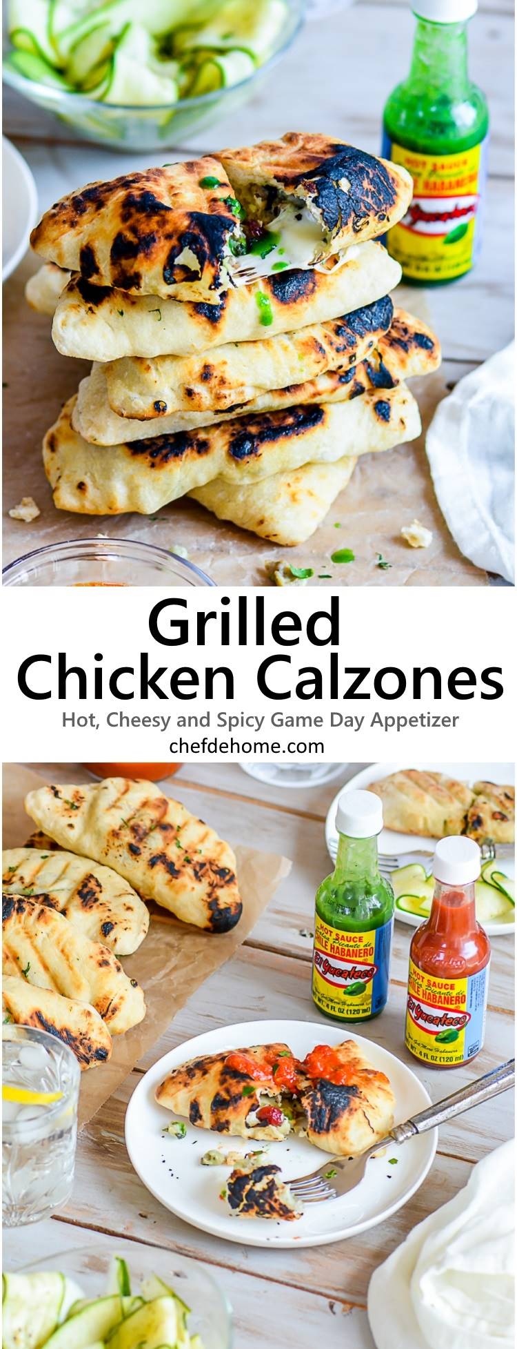 Easy Homemade Grilled Hot Cheesy Chicken Calzones served with Marinara Sauce for hosting Game Day party | chefdehome.com
