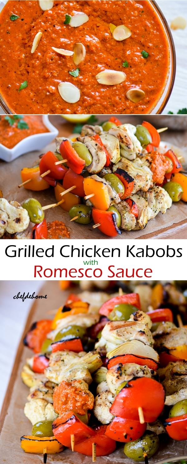 Chicken Kabobs served with Roasted Red Pepper Romesco Sauce for a Family-style Dinner | chefdehome.com