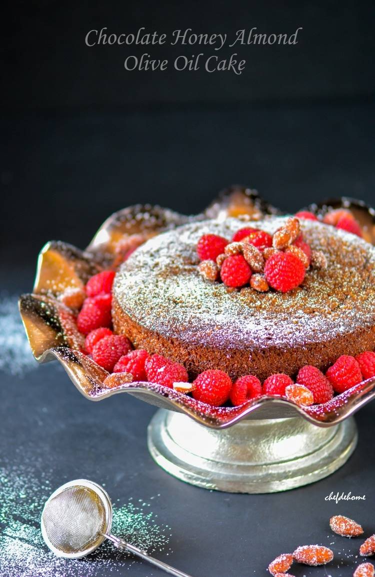 Flourless Gluten free Chocolate Almond Olive Oil Cake with Raspberries and Honey Roasted Almonds | chefdehome.com