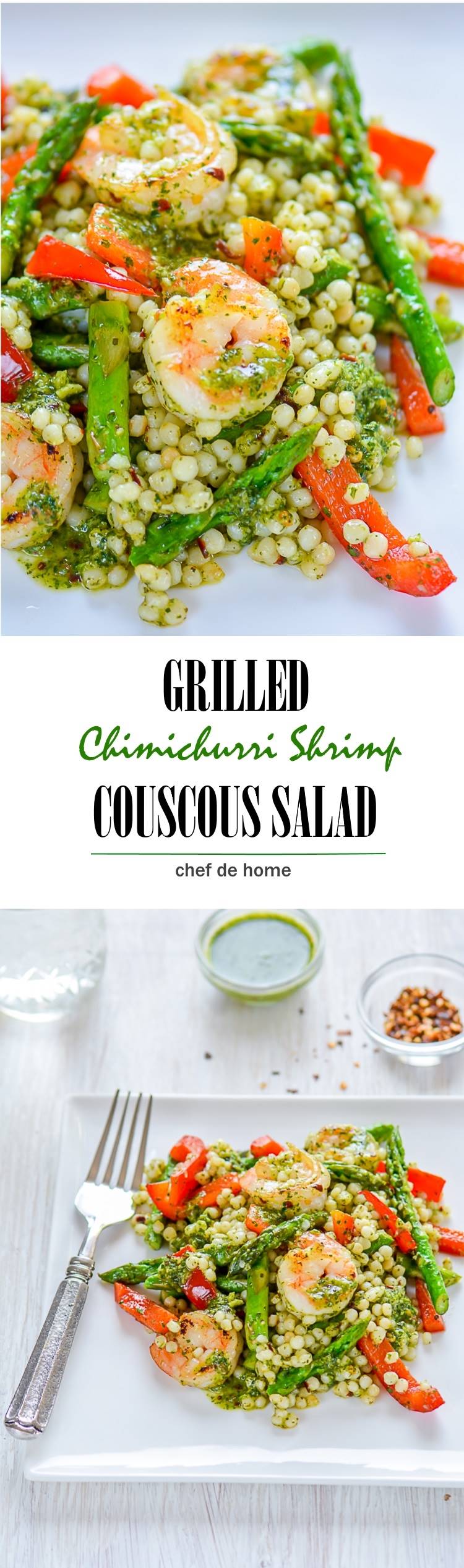 A lite dinner or delicious potluck salad loaded with lean grilled chimichurri shrimp and couscous pasta salad | chefdehome.com