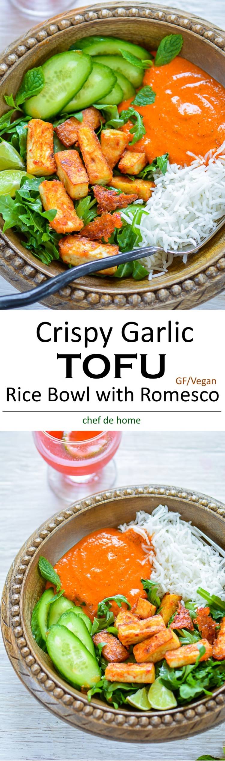 Crispy Garlic Fried Tofu with rice arugula and romesco sauce a gluten free and vegan summer dinner | chefdehome.com