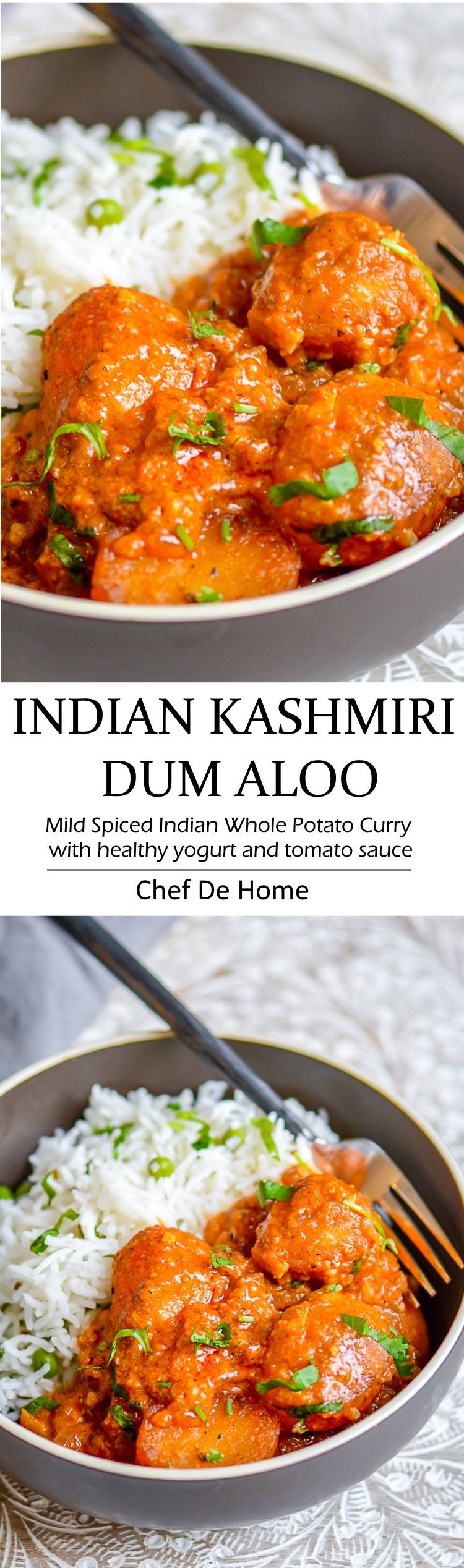 Delicious Indian dinner with easy potato curry called Kashmiri Dum Aloo - a yogurt base and lite spices make scrumptious base and served with lite rice and green peas pilaf | chefdehome.com