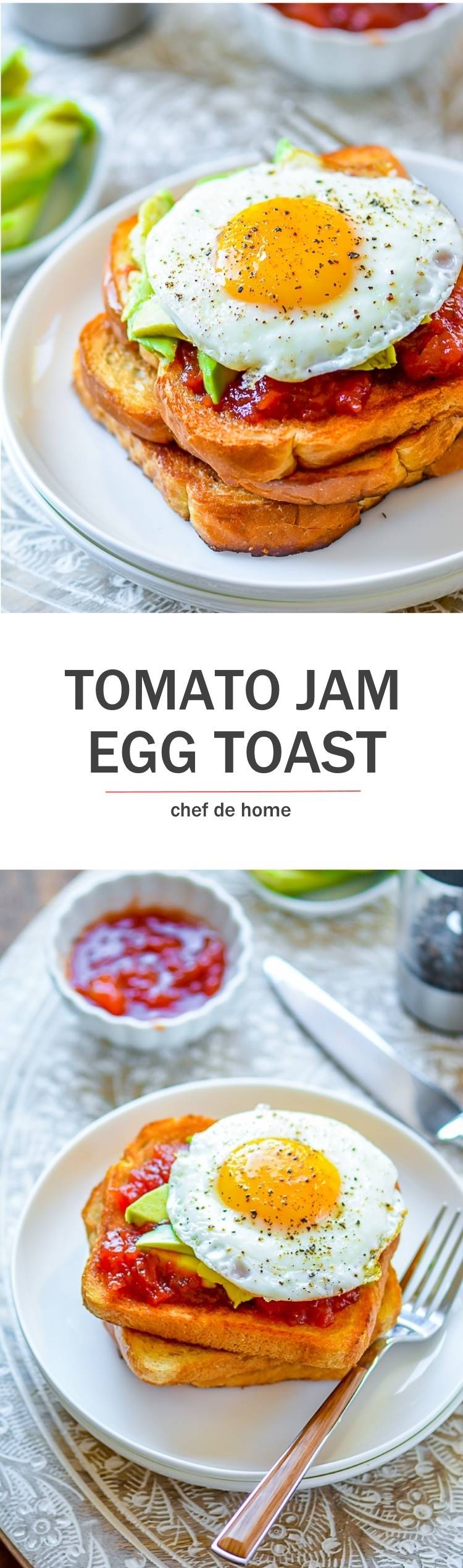 Sunny Side up Eggs with runny yolk and avocado and fresh homemade Tomato Jam on a toast for breakfast | chefdehome.com 