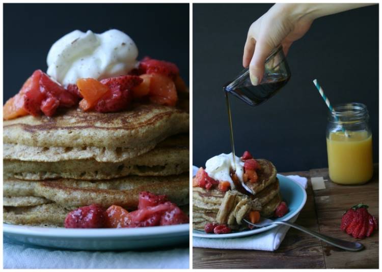 Fluffy Multigrain Pancakes with Strawberry & Peach Compote