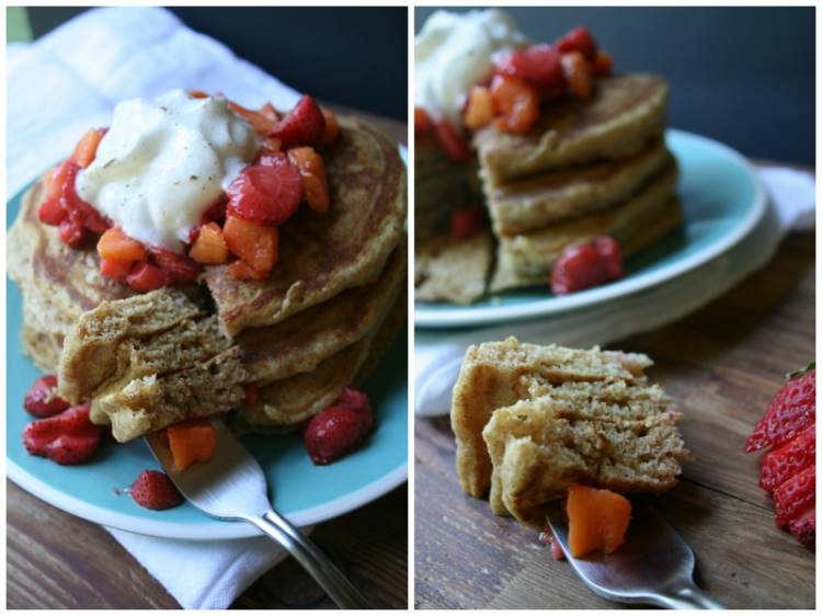 Fluffy Multigrain Pancakes with Strawberry & Peach Compote