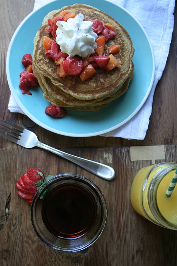 Fluffy Multigrain Pancakes with Strawberry & Peach Compote