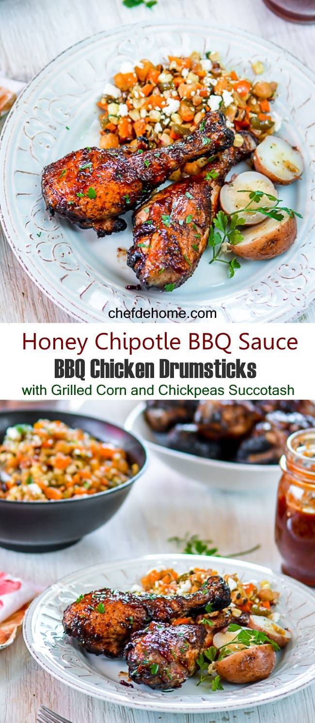 Homemade Honey and Chipotle Sweet and Spicy BBQ Sauce Chicken Drumsticks with Corn and Chickpea Succotash | chefdehome.com