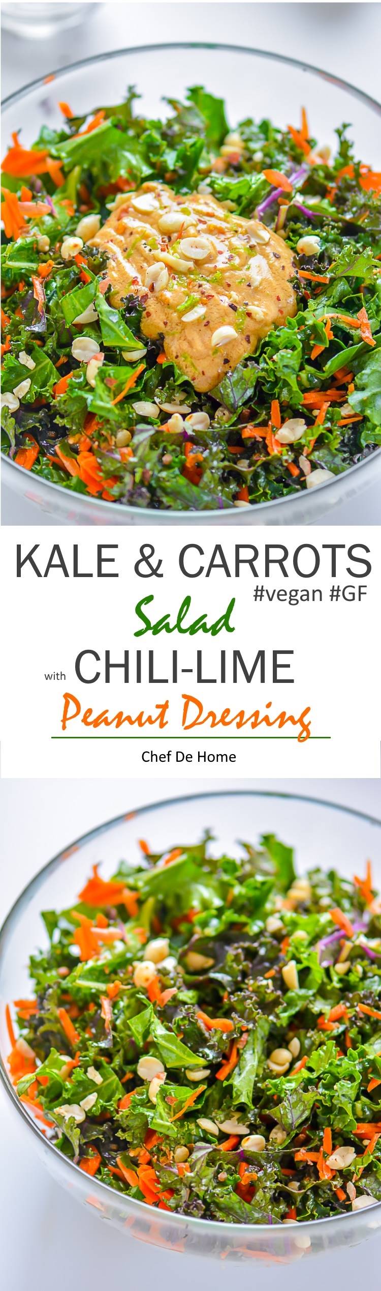 Healthy Vegan Kale and Carrot Salad dressed in vegan and gluten free chili lime peanut dressing | chefdehome.com