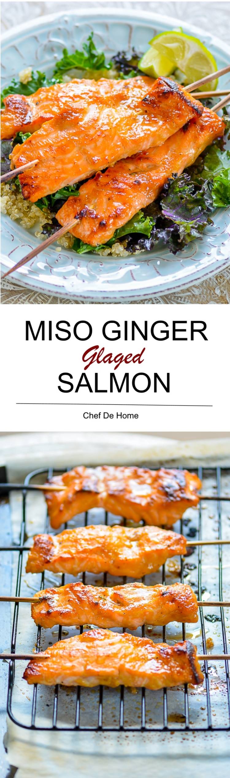 Omega 3 rich Miso Ginger Baked Salmon with lite Lemony Sesame Kale Salad | chefdehome.com