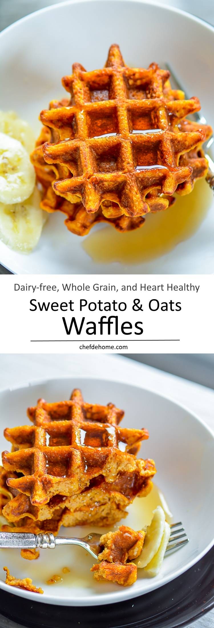 Enjoy a healthy breakfast with Family with waffles made with Whole Grain Oats and sweet potatoes and can be vegan | chefdehome.com