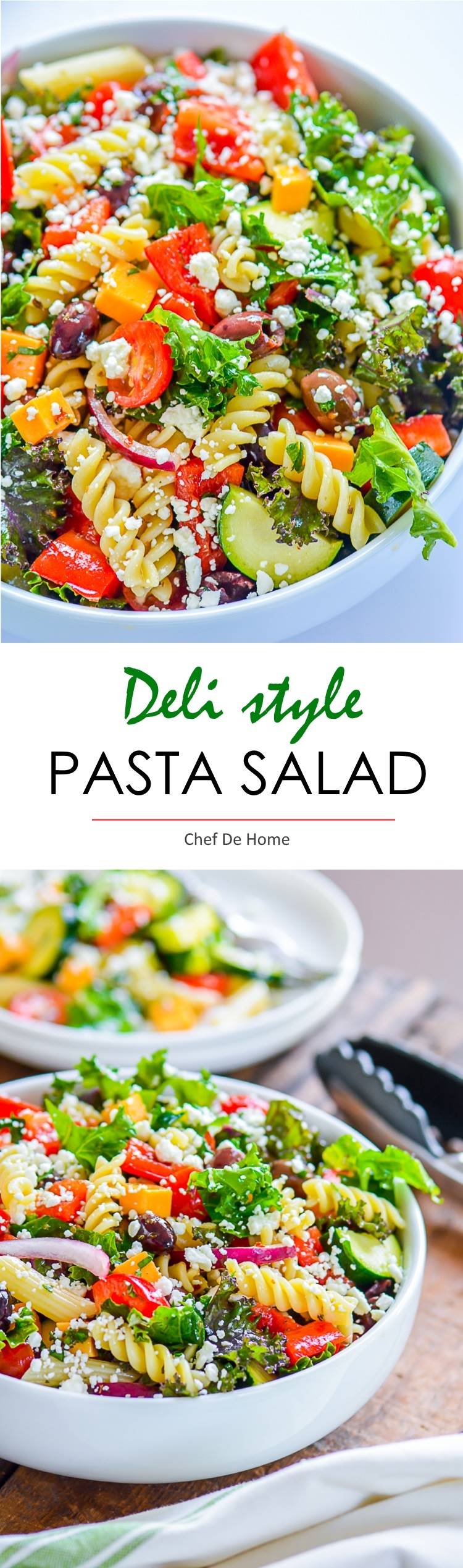 Deli style easy and healthy pasta salad with crunchy vegetarian and healthy touch of kale | chefdehome.com 