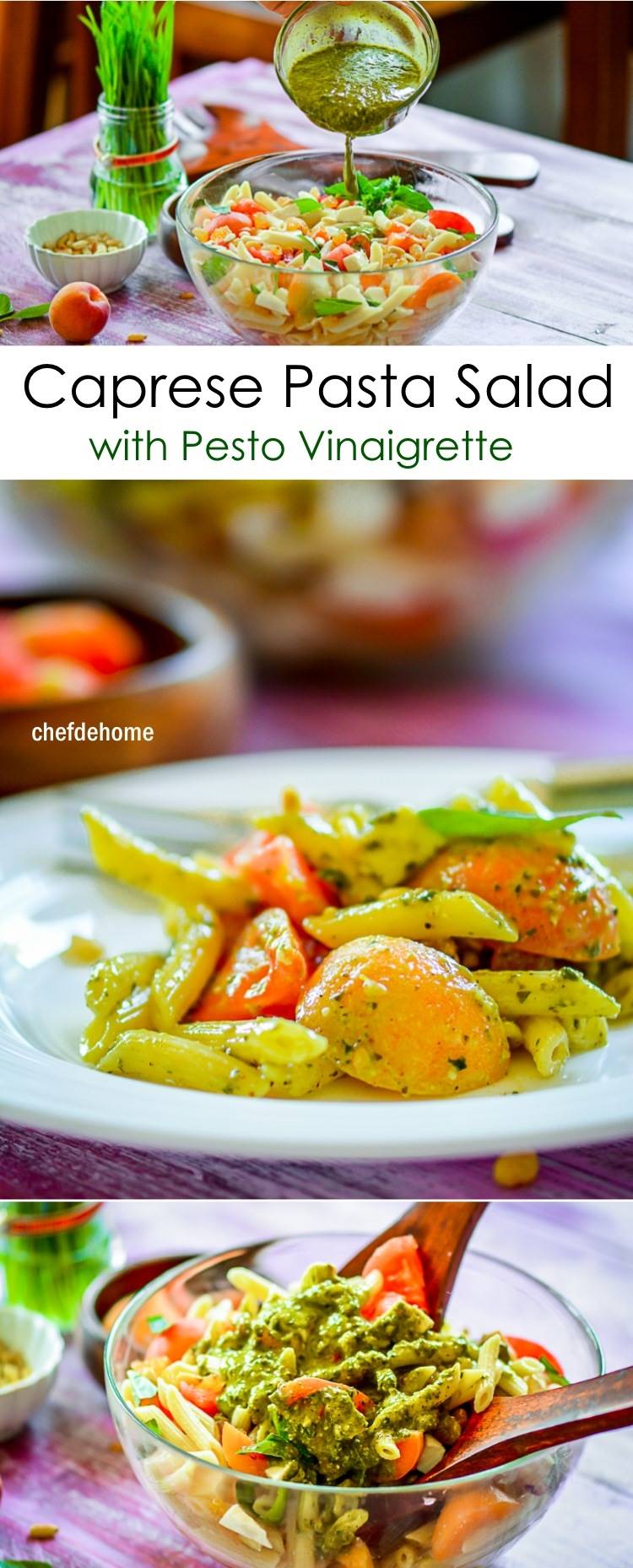 Easy Italian Penne Caprese Pasta Salad with delicious Pesto Dressing | chefdehome.com