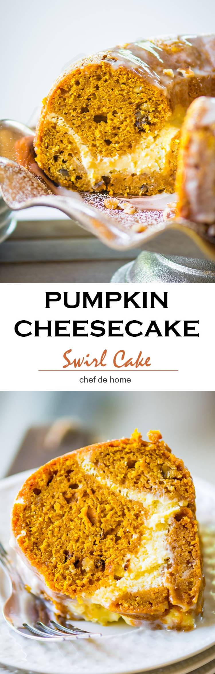 Moist and decadent Pumpkin Cake baked in bundt pan with citrus cheesecake swirl in the middle | chefdehome.com