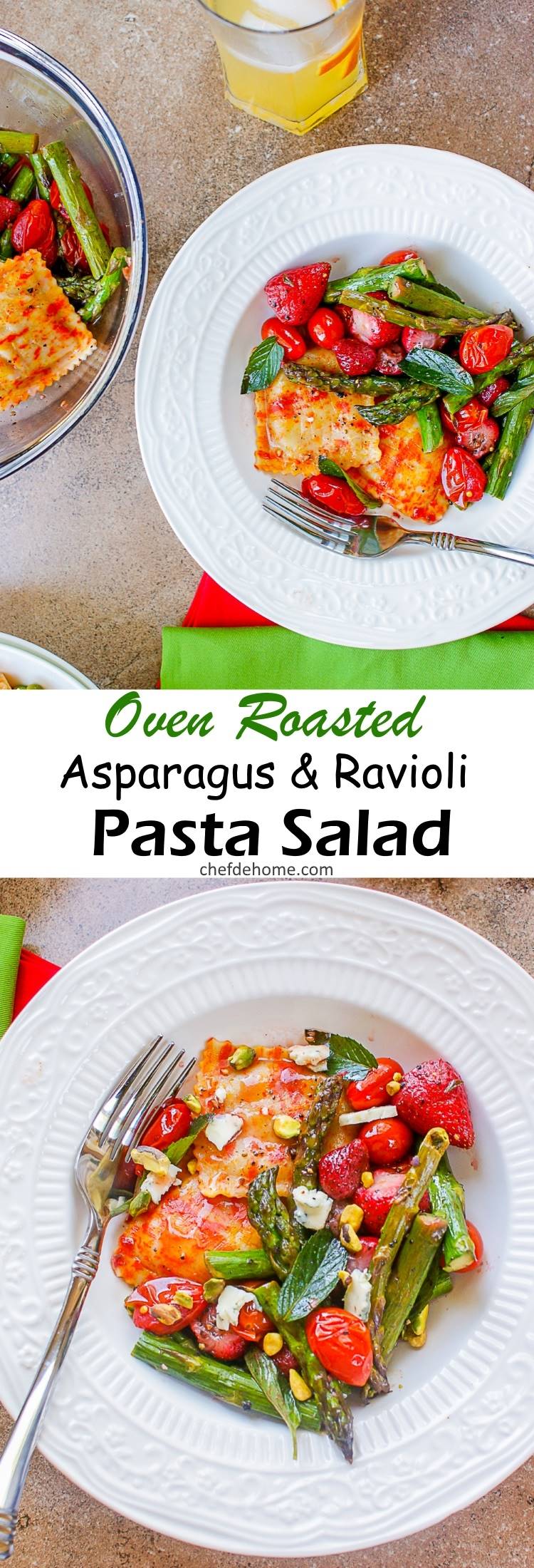 Oven Roasted Asparagus Pumpkin Ravioli Pasta Salad with Juicy Roasted Strawberries and Orange Dressing | chefdehome.com