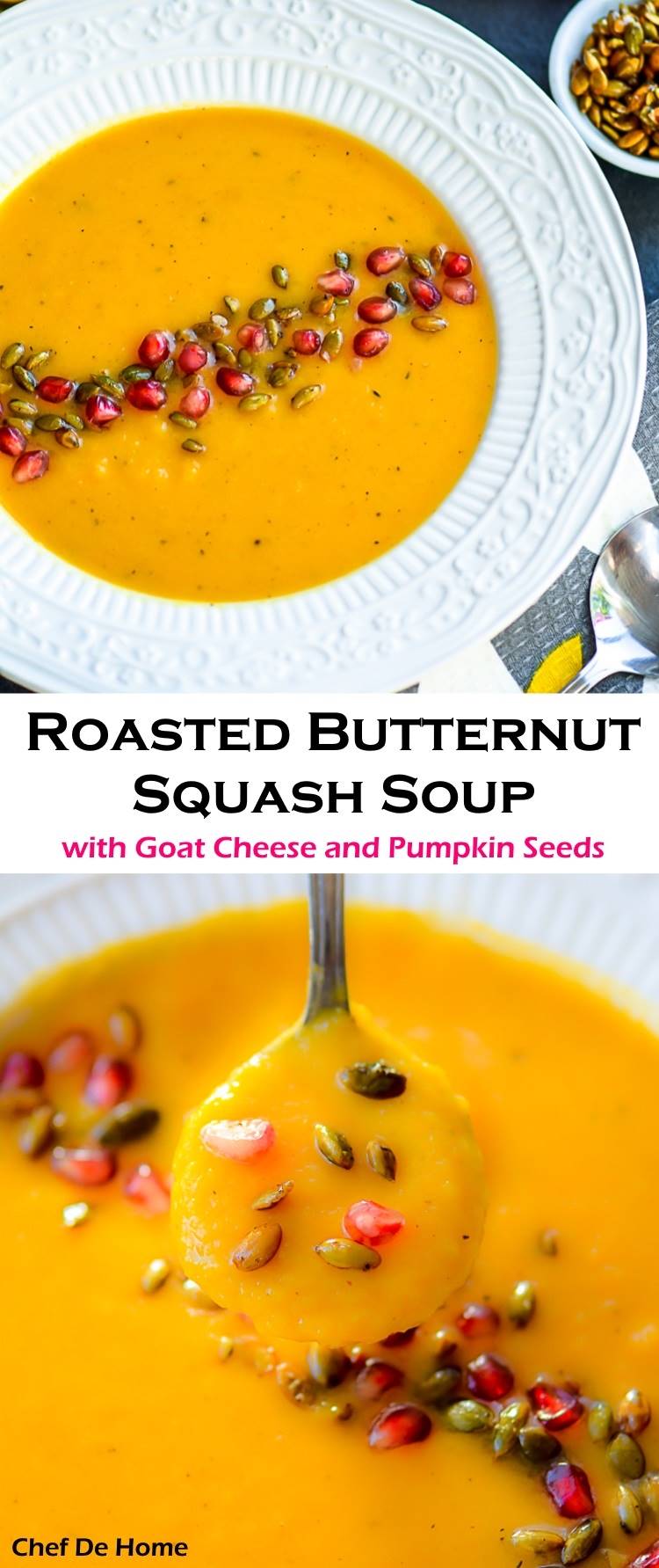 Creamy Gluten free Roasted Butternut Squash Soup with Tangy Goat Cheese and crunchy toasted Pumpkin Seeds | chefdehome.com