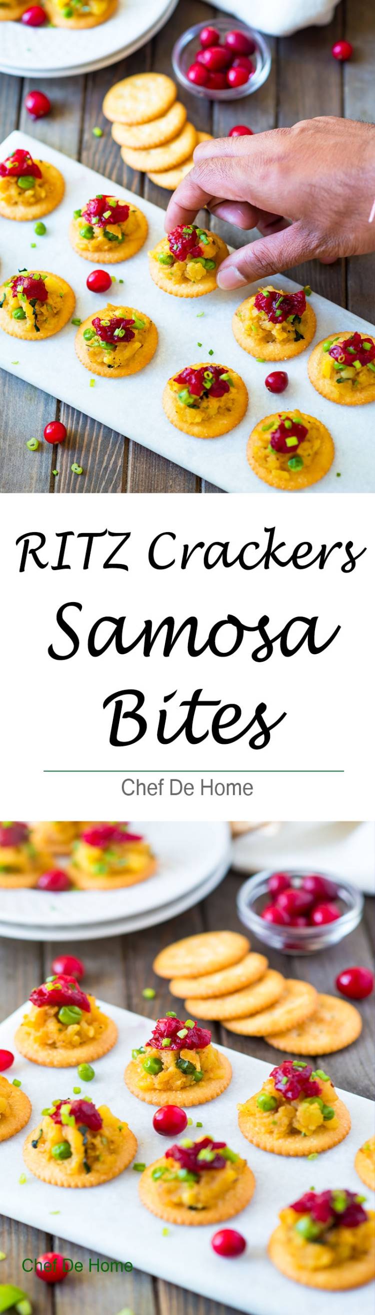 Samosa filling and cranberry chutney topped on Ritz Crackers for easy party appetizer | chefdehome.com 