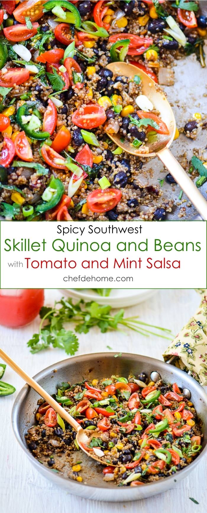 Mexican Quinoa and Beans Skillet with Zesty Mint and Tomato Salsa for quick and easy Weekday Dinner | chefdehome.com 