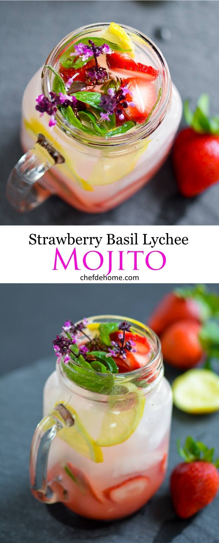 Refreshing Vegan Party Drink Strawberry Basil Lychee Mojito | chefdehome.com